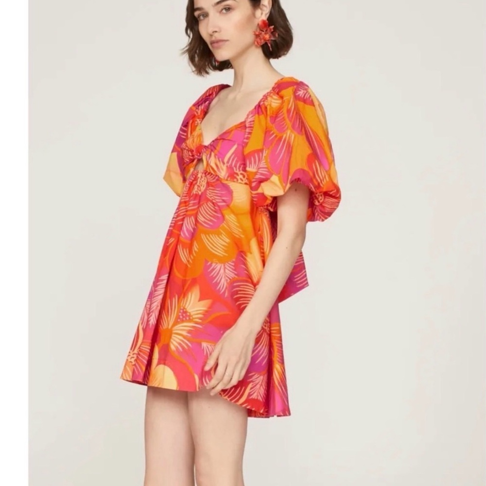 Farm Rio Ombré  Mini Dress Garden Puff Sleeve Orange Yellow Tie Back Bohemian L - Picture 13 of 14